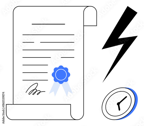 Business deadlines, legal agreements, time management, professional services, certification processes, urgency. Contract with badge, clock and lightning bolt. Business deadlines and legal agreements