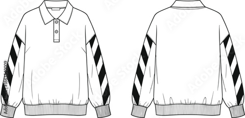 Long sleeve pullover shirt technical sketch, diagonal stripe sleeve design, ribbed cuffs hem, collar button placket, cad drawing flat vector illustration