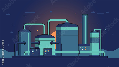 Flat vector illustration of carbon capture industrial plant with storage tanks and pipelines, showing clean energy technology and sustainable climate solution.