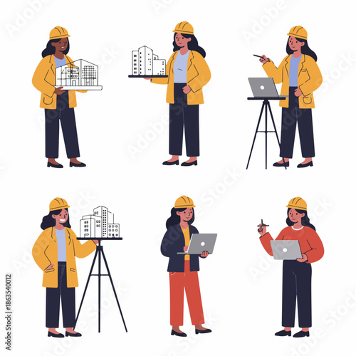 Six illustrations of diverse female architects and engineers in hard hats, working with building models and technology for construction planning.