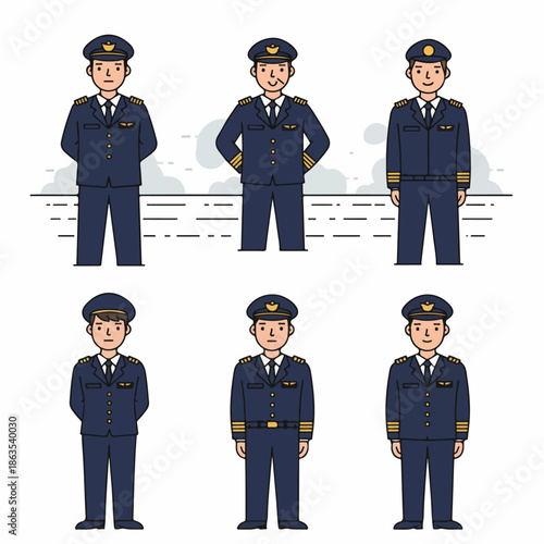 Cartoon Set of Six Male Pilots in Uniform Poses, Professional Aviators Ready for Flight Duty in Flat Line Style Illustration.