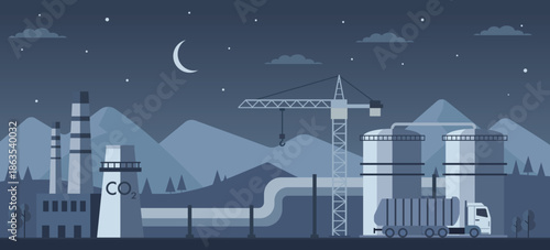 Carbon capture and storage industrial facility with CO2 pipeline, storage tanks, transport truck and construction crane, showing climate technology and emission reduction at night