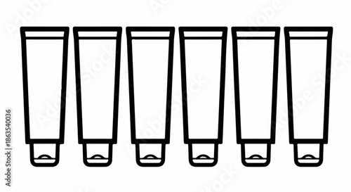 Six cosmetic cream tubes line art icon set in a row, black outline on white background, packaging vector illustration.