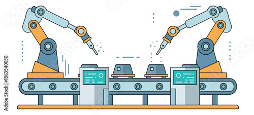 Industrial robotic arms working on automated conveyor line in smart factory concept showing modern manufacturing, automation, and Industry 4.0 technology