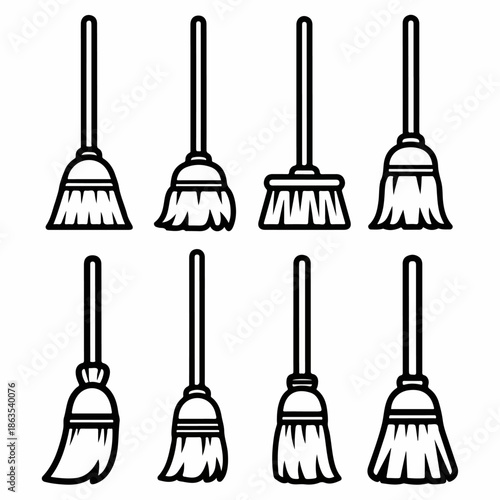 Eight different outline illustrations of brooms and sweeping brushes, collection of cleaning tool icons for house chores and janitorial services.
