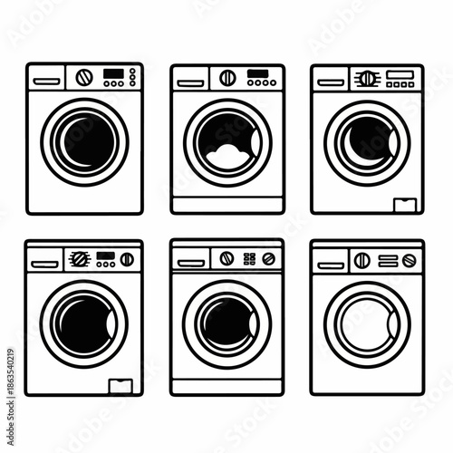 Six Black and White Line Art Icons of Front-Loading Washing Machines, Illustrating Modern Laundry Appliance Technology