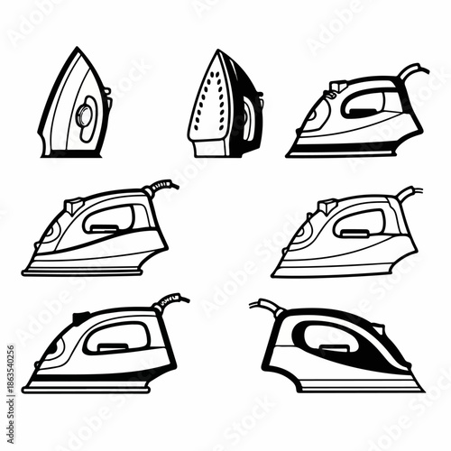 Monochrome vector icon set featuring various modern electric steam irons, essential household appliances for ironing clothes and laundry care.