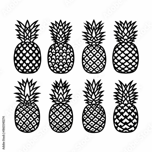 Eight stylized black and white pineapple icons set in various outline patterns, perfect for tropical designs, summer themes, and minimalist illustrations.