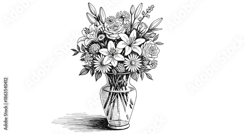 Detailed Monochrome Illustration of a Lush Floral Bouquet in a Glass Vase - Elegant Botanical Line Art