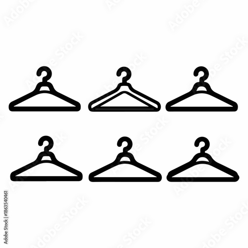 Collection of six minimalist black outline clothes hanger icons, representing wardrobe, fashion, shopping, and organization symbols on a white background.