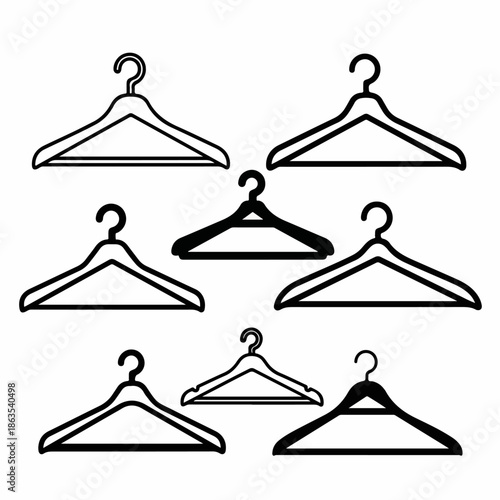 Black and white icon set of different clothing hangers, illustrating various simple outline and silhouette vector symbols for wardrobe, retail, and fashion.