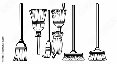 Collection of cleaning brooms and brushes line art illustration, showcasing different sweeping tools for housework, isolated on white background.