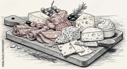 Detailed Monochrome Illustration of an Artisanal Meat and Cheese Charcuterie Board - Gourmet Food Graphic