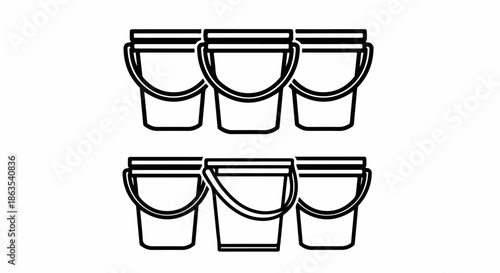 Outline vector icon of six utility buckets arranged in two rows, perfect for illustrating concepts related to cleaning, storage, or construction.
