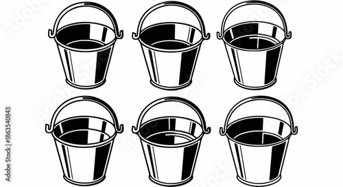 Set of six classic metal buckets or pails in black and white vector illustration style, isolated on white.