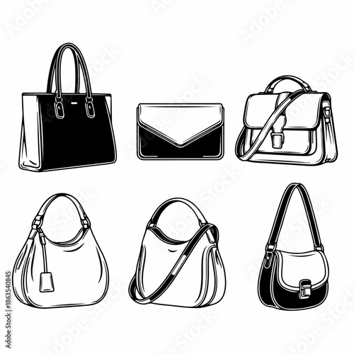 Black and white vector set of women's fashion handbags, including tote, clutch, satchel, hobo, and shoulder bag styles, isolated on white.