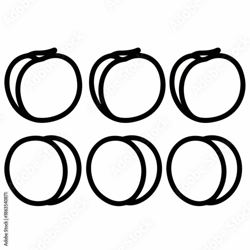 Six monochrome outlined peaches or nectarines in a grid layout, simple black line art food icon illustration on a white background.