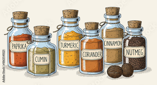 Vibrant Illustration of Assorted Spice Jars with Hand-Drawn Labels - Culinary Kitchen Art
