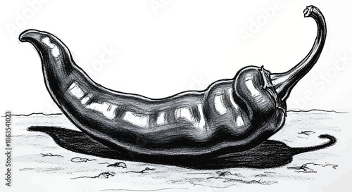 Detailed Monochrome Illustration of a Long Chili Pepper - Spicy Culinary Line Art