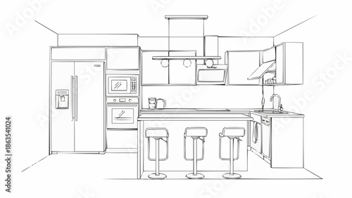 Modern Kitchen Design Sketch with Island and Bar Stools.