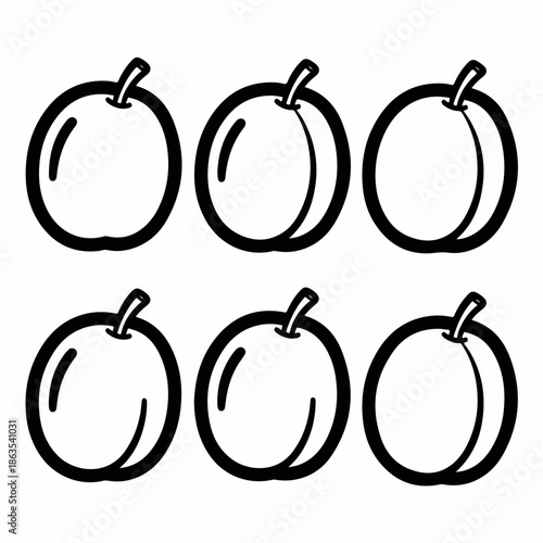 Set of six simple black line art drawings of peaches or apricots, depicting fruit outlines isolated on a white background, perfect for minimalist design.