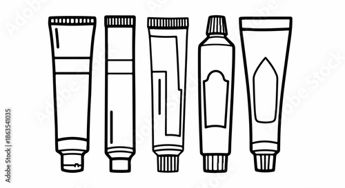 Outline vector illustration set of various cosmetic and medical cream or paint tubes, isolated on a white background.