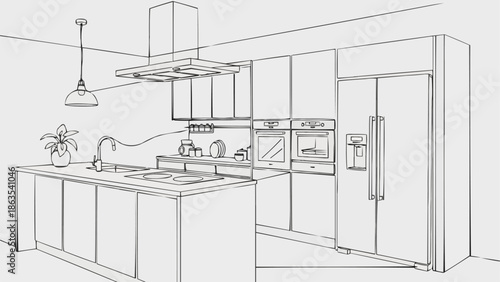 Modern Kitchen Design Sketch with Island and Appliances.