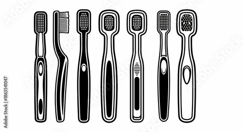 Seven Assorted Toothbrushes Vector Icons: Black and White Silhouette Collection for Dental Hygiene and Oral Care Product Illustration
