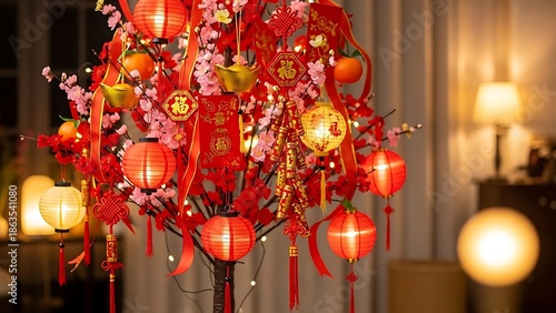 chinese new year decoration with pink cherry blossom tree and red lucky envelopes.