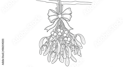 Detailed Line Art of a Mistletoe Bunch with a Large Ribbon - Traditional Holiday Greenery Illustration