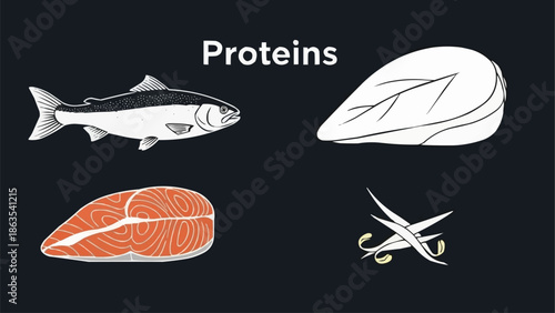 Illustration of various protein sources including fish and eggs.