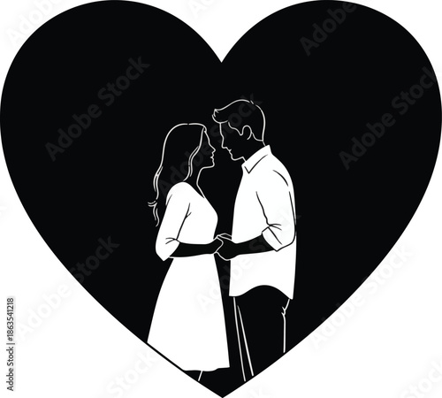  Romantic couple standing inside a large heart shape silhouette, love and Valentine’s Day concept