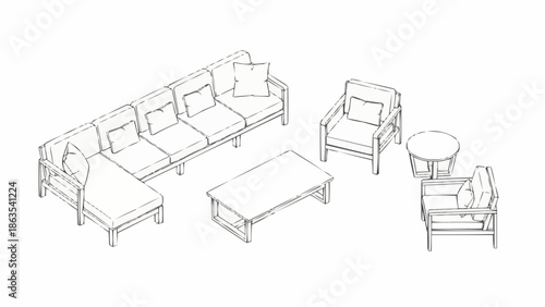 Modern sectional sofa and chairs with coffee table line drawing.