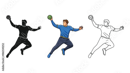 Handball player jumping and throwing ball illustration set in full color, black silhouette, and outline styles