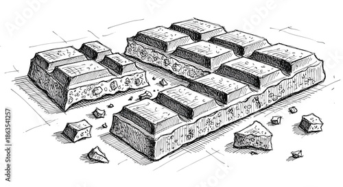Detailed Monochrome Illustration of a Broken Chocolate Bar with Nuts - Decadent Dessert Line Art