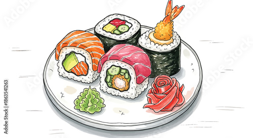 Vibrant Sushi Platter Illustration with Wasabi and Ginger - Japanese Culinary Art
