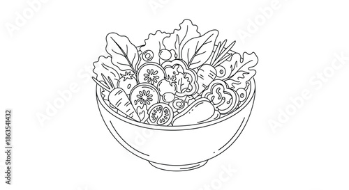 Detailed Monochrome Illustration of a Fresh Garden Salad Bowl - Culinary Vegetable Line Art
