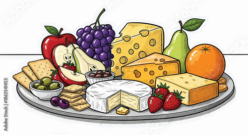 Vibrant Charcuterie and Fruit Platter - Gourmet Culinary Illustration