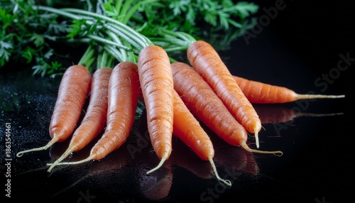 Vibrant Carrots with Dewy Greens Against Black Studio Backdrop

