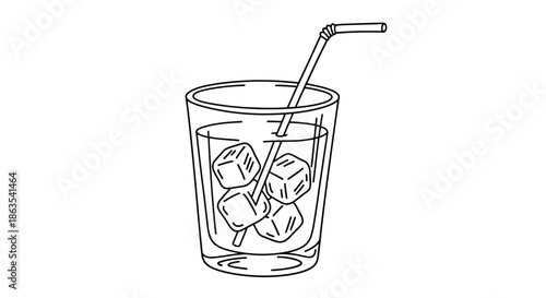 Minimalist Line Art of a Cold Drink with Ice Cubes and a Straw - Refreshing Beverage Illustration
