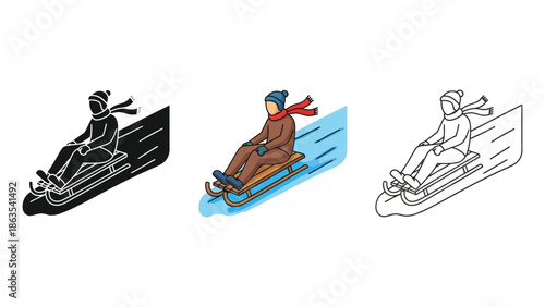 Person sledding downhill on wooden sled winter sport illustration set in color, outline, and solid black silhouette styles