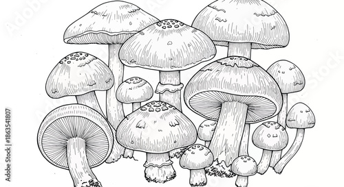 Detailed Monochrome Illustration of a Cluster of Wild Mushrooms - Botanical Mycology Line Art