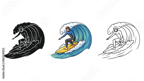 Surfer riding ocean wave illustration set in full color, black silhouette, and outline styles
