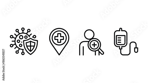 Healthcare icons set featuring virus shield, location plus, person magnifier and iv drip