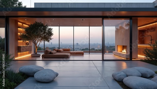 Modern luxury villa terrace with city skyline view at dusk. Living room features fireplace, plush sofa, potted tree, and ambient lighting. Sleek design, open space, tranquil atmosphere. © Pete