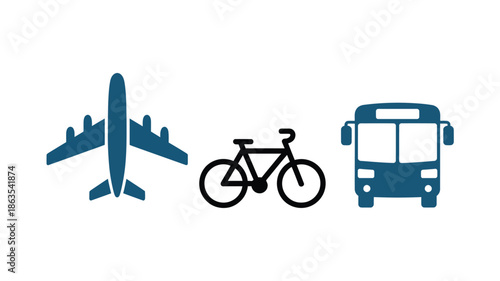Set of transportation icons representing travel methods including commercial airplane bicycle and public transit bus front view