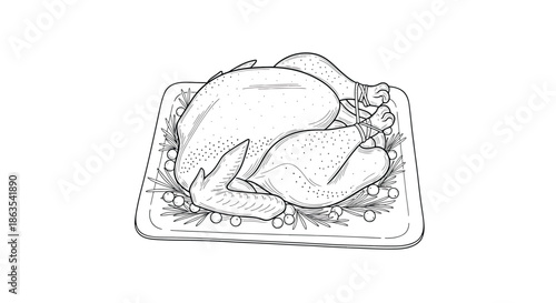 Detailed Monochrome Whole Roasted Turkey on a Platter - Thanksgiving and Holiday Culinary Line Art