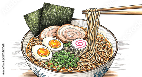 Detailed Hand-Drawn Japanese Ramen Bowl with Soft-Boiled Eggs and Nori - Traditional Culinary Illustration