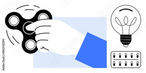 Stress relief, focus improvement, innovation, creativity, problem-solving, mindfulness. A hand spinning a fidget spinner next to a lightbulb and a switch. Stress relief and focus improvement concept