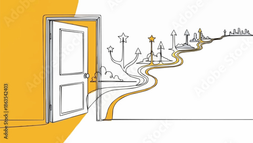 Open Door Leading to a Winding Path of Opportunities and Decisions.